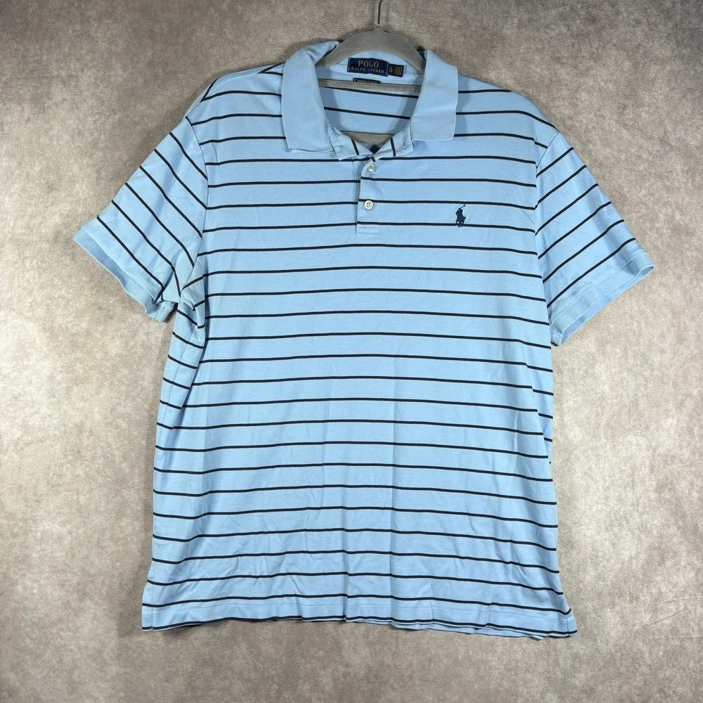 Polo Ralph Lauren Polo Shirt Mens XL Blue Black Striped Custom Slim Fit Preppy